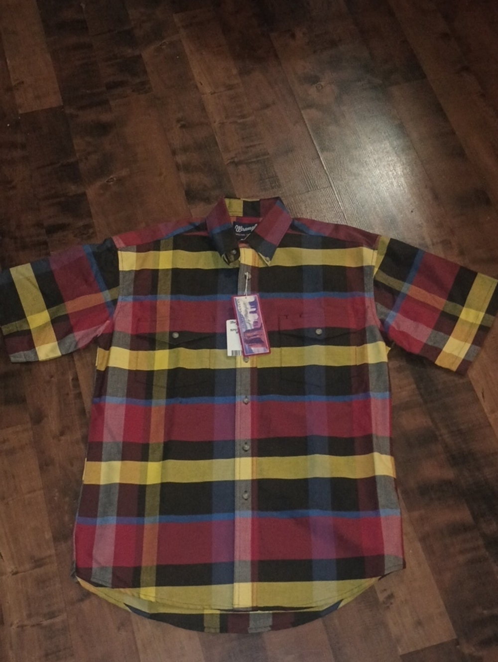 Vintage Wrangler Short Sleeve Plaid Button-Down Shirt - Red, Yellow, Blue, Black